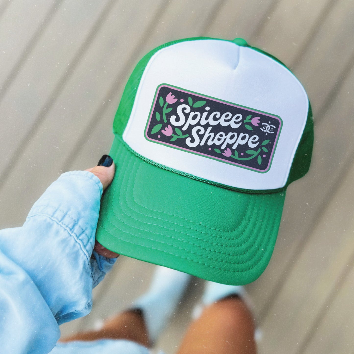 Floral Badge | Green & White | Trucker Hat