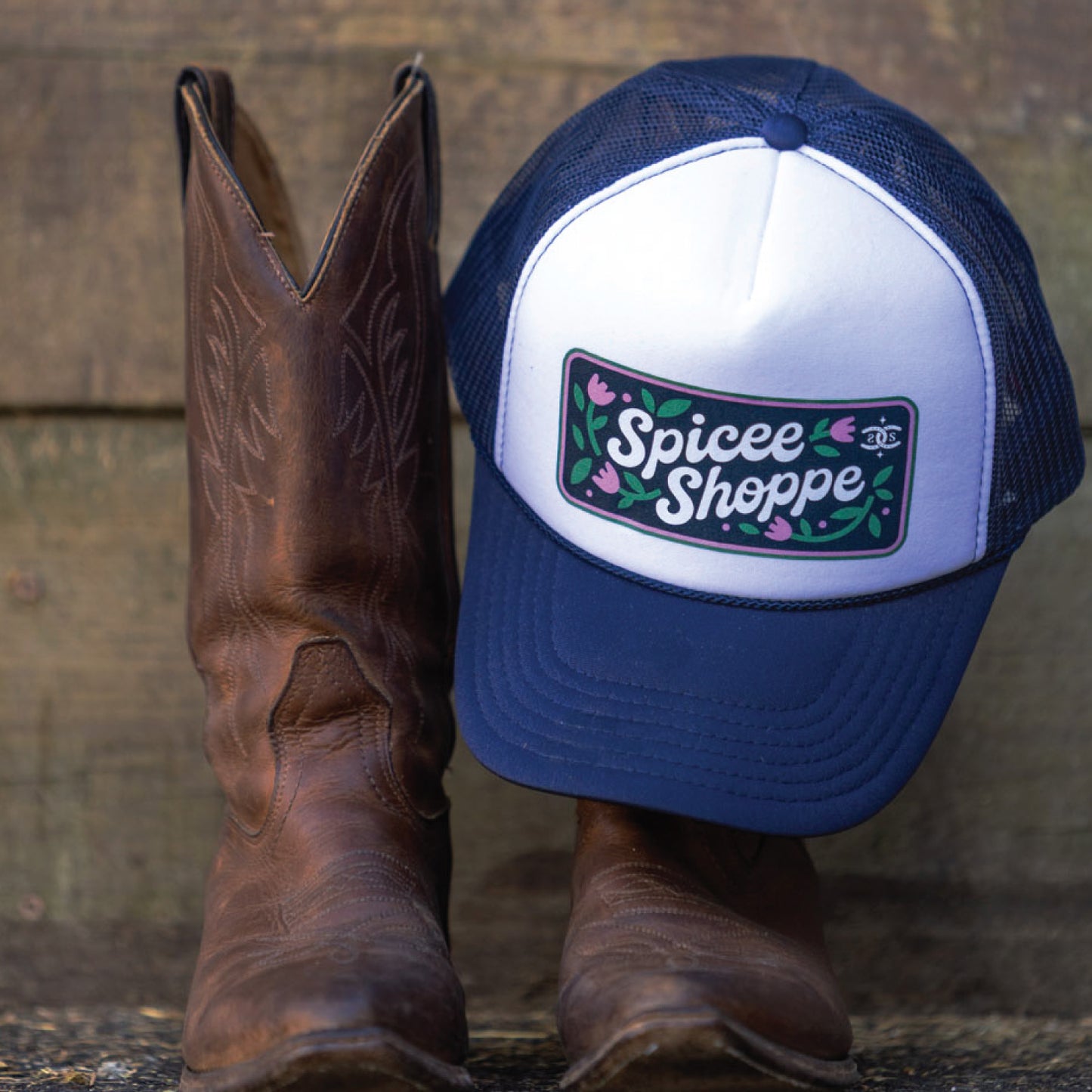 Floral Badge | Navy & White | Trucker Hat